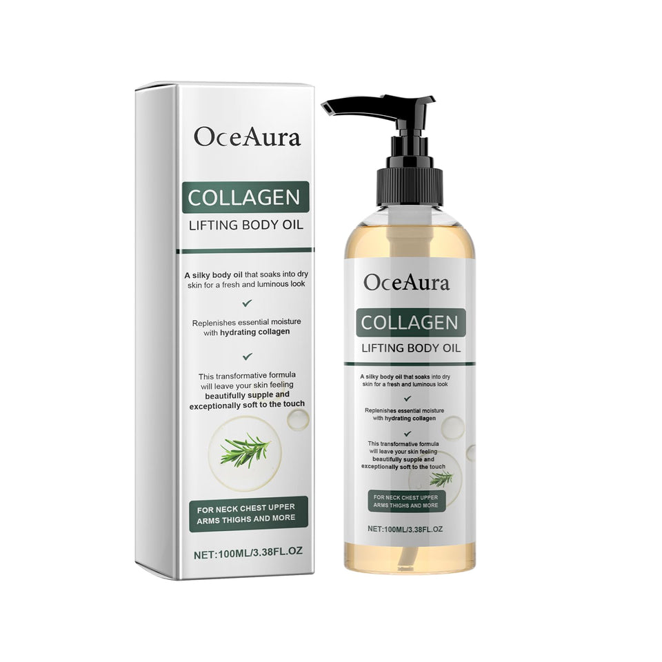 ARANYA front packaging showing collagen lifting body oil and pump for easy dosing