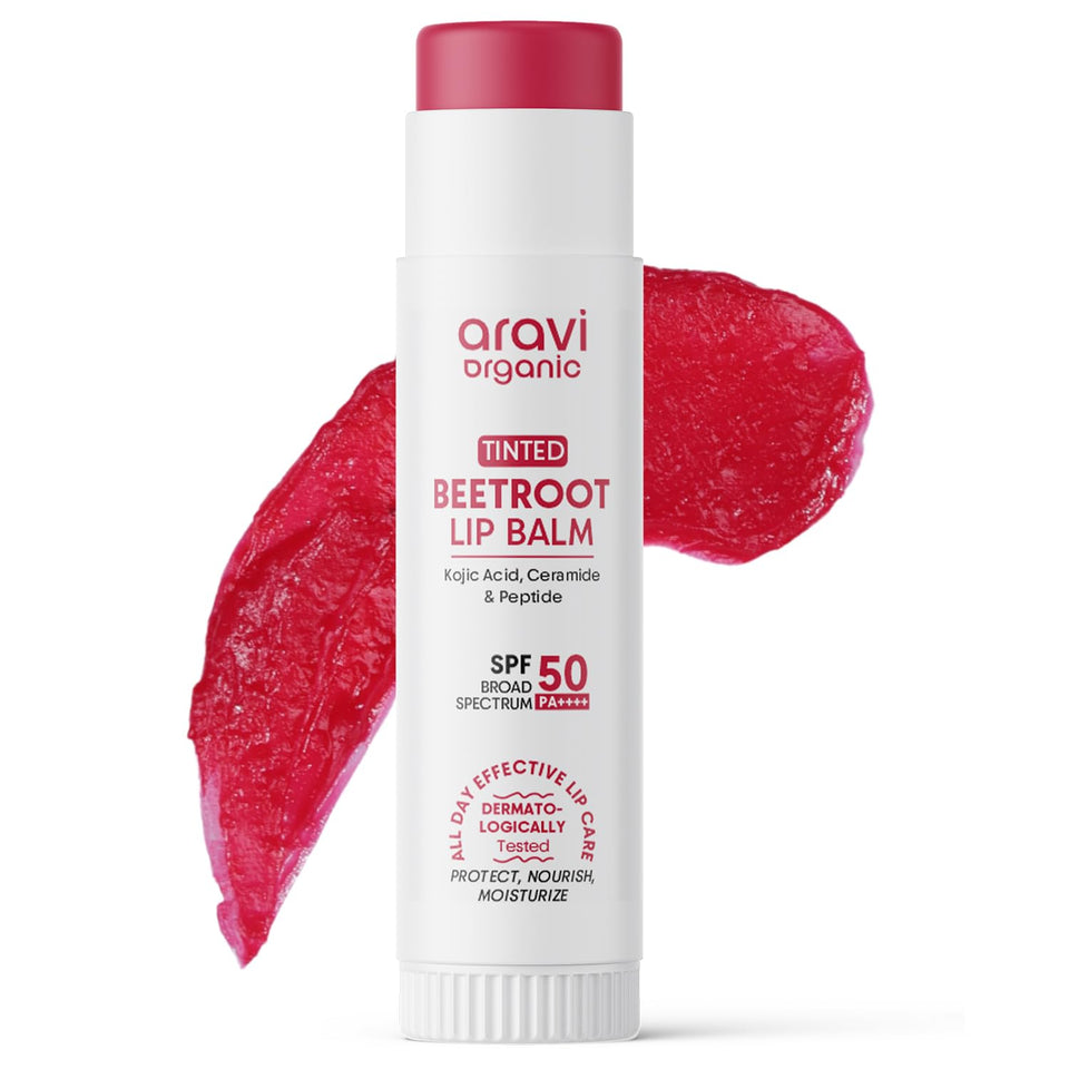 Aravi Organic front view of tinted lip balm showcasing compact travel-friendly stick