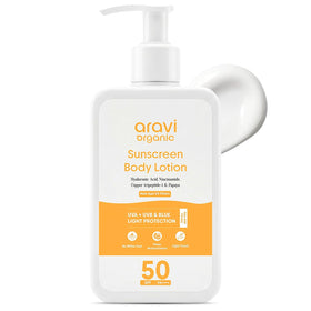 Aravi Organic front bottle showing SPF 50 protection and sleek design