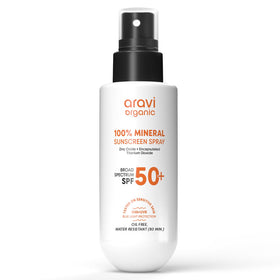 Aravi Organic front packaging showing SPF 50 and benefits