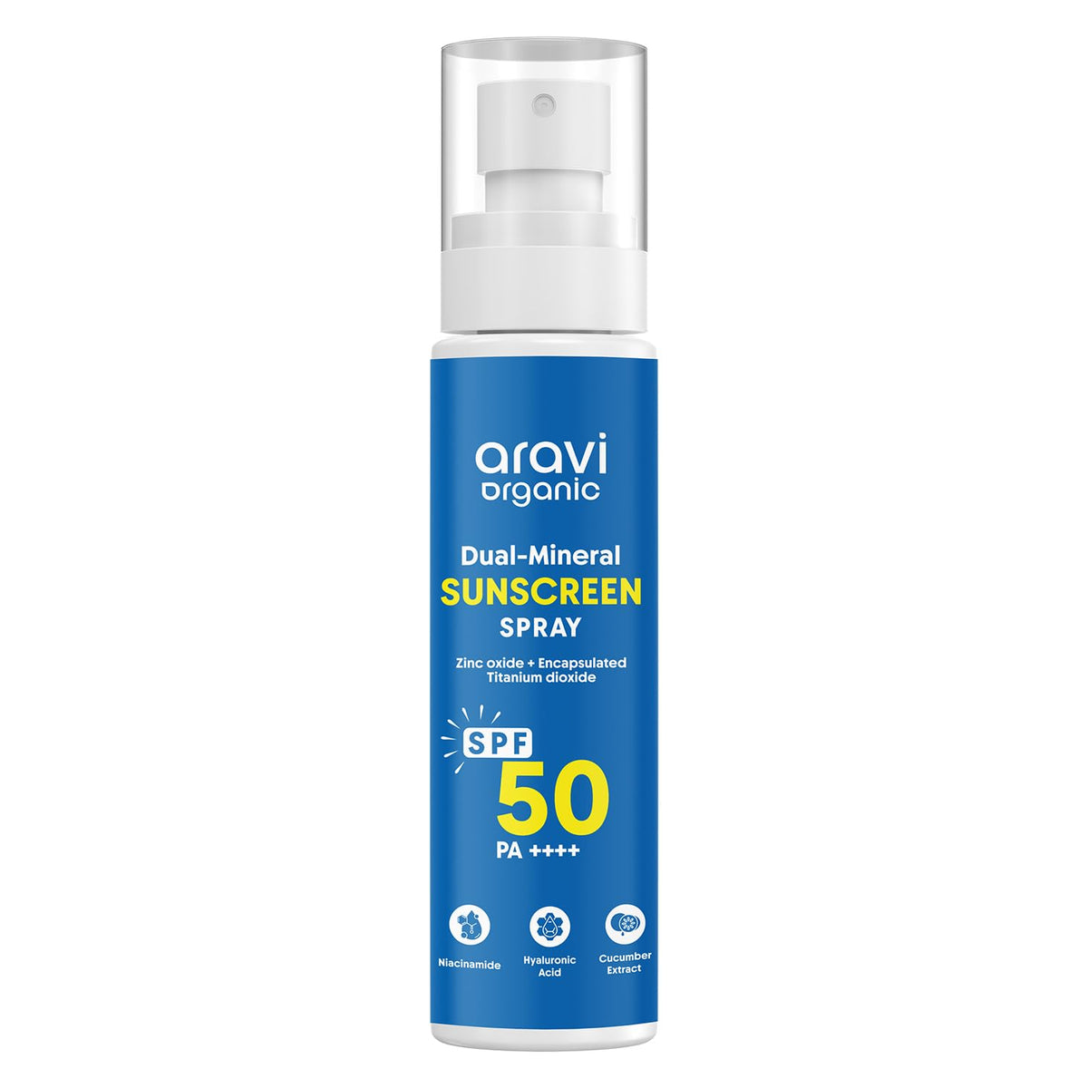 Aravi Organic front packaging showing SPF 50 spray and benefits