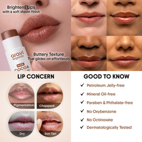 Aravi Organic swatch on lips demonstrating natural nude color and plumping effect