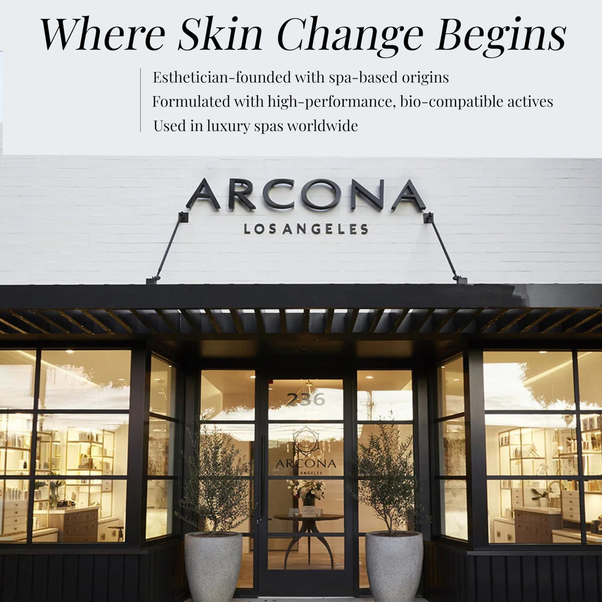 ARCONA bottle on bathroom shelf evoking spa-like daily skincare routine