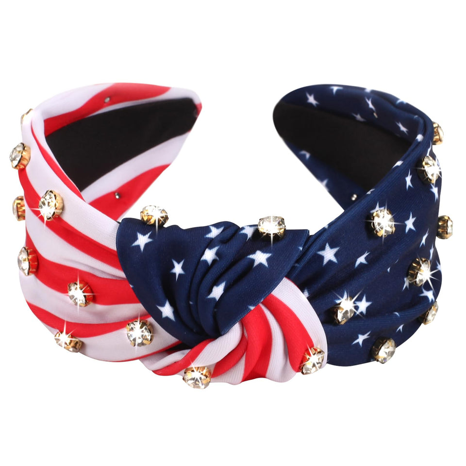 Ardorchid front view headband showing flag print and wide fit, festive look