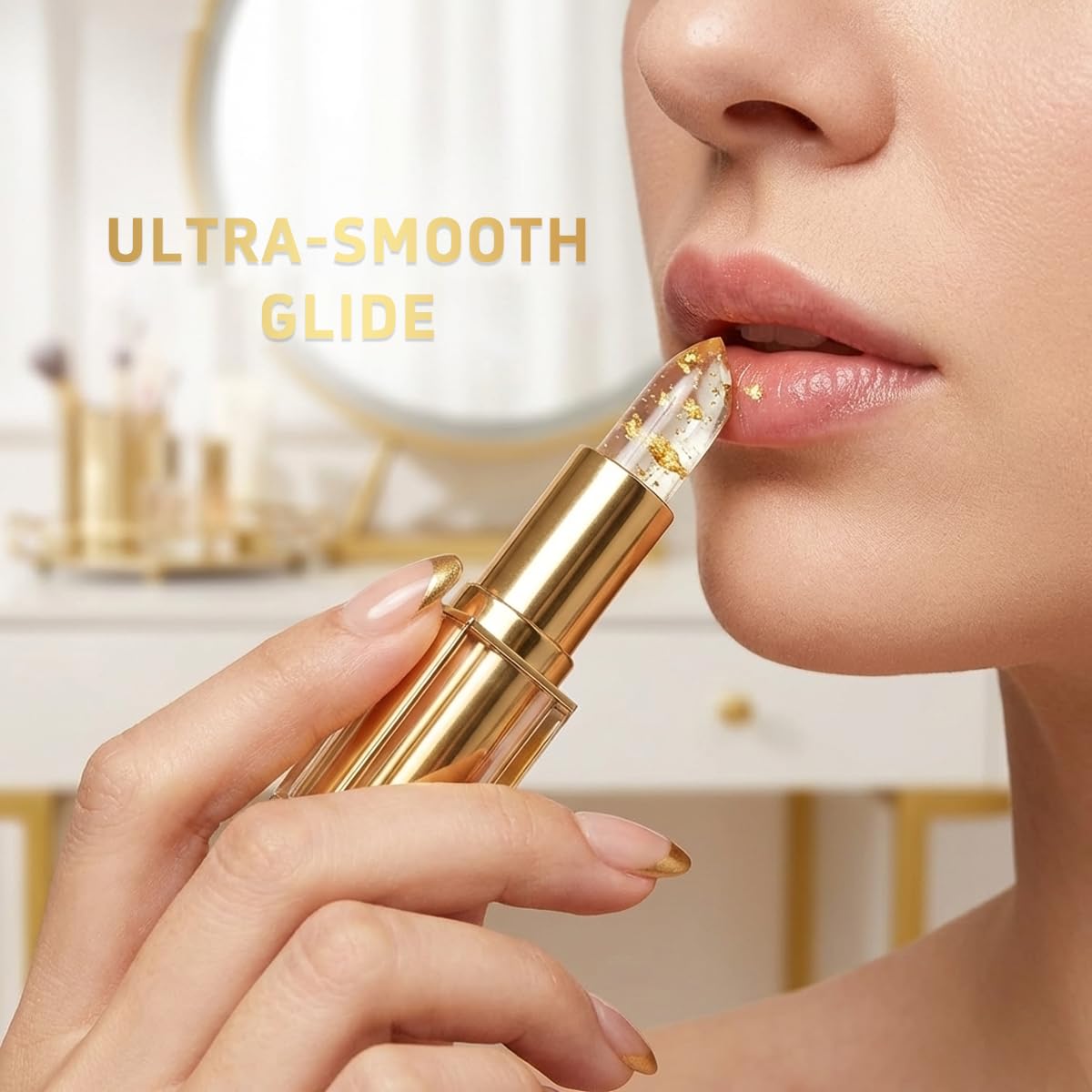 Areliaa clear gloss tube closeup showing glossy finish and transferproof benefit