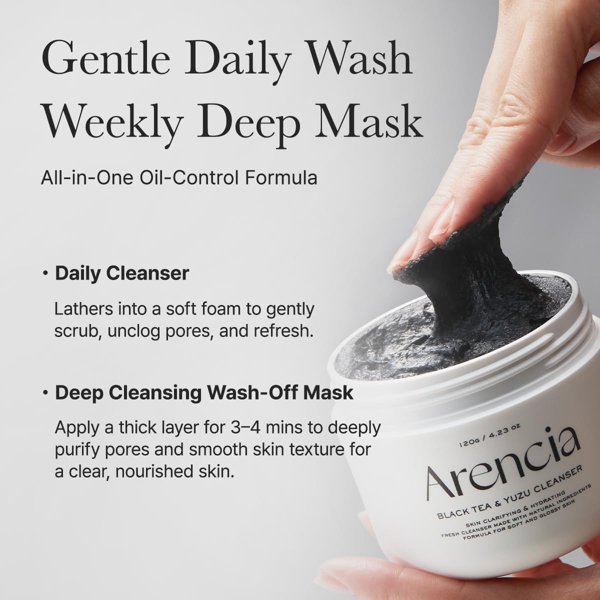 ARENCIA cleanser staged in a clean bathroom setting promoting daily routine use