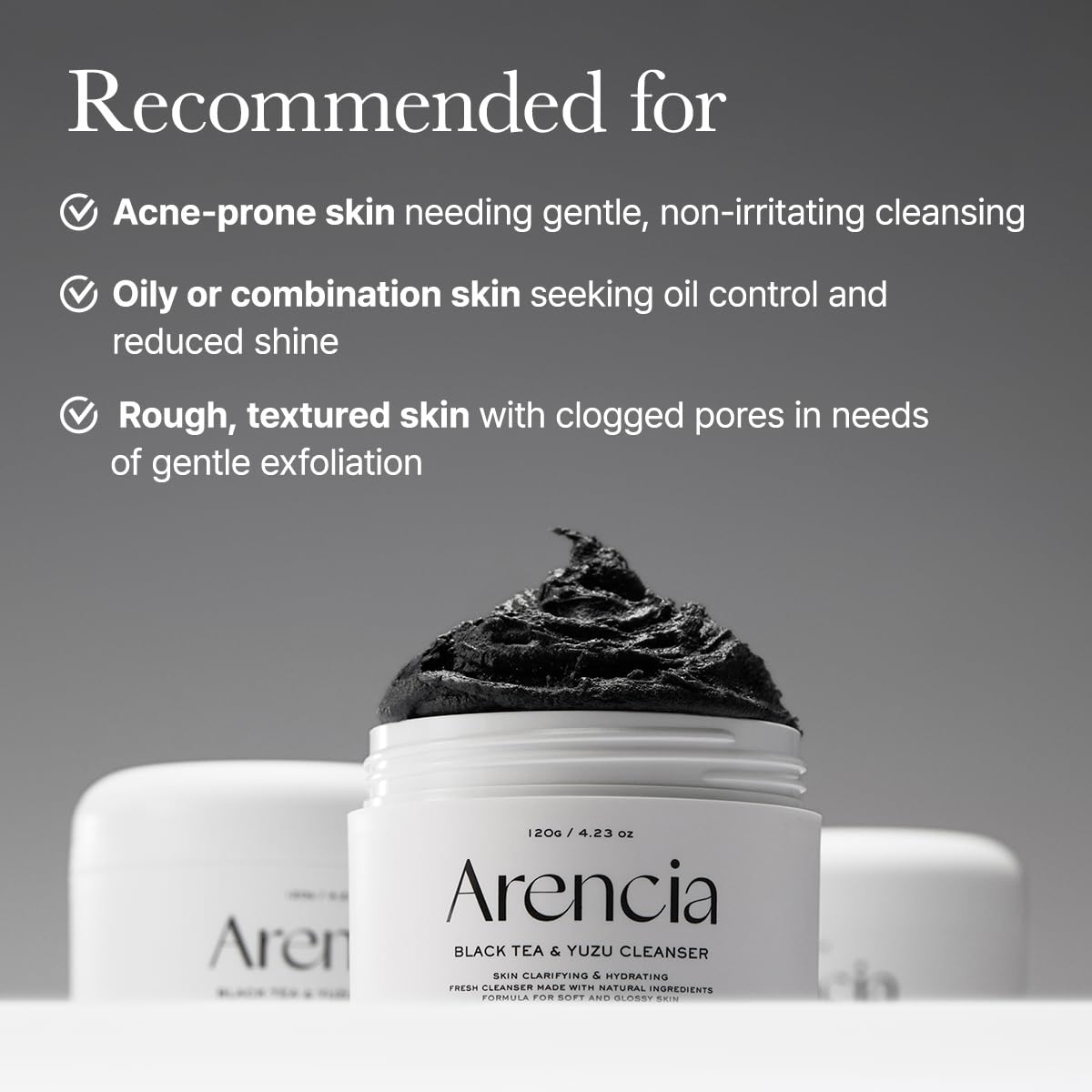 ARENCIA hand spreading cleanser demonstrating soft application and pore-clearing benefit