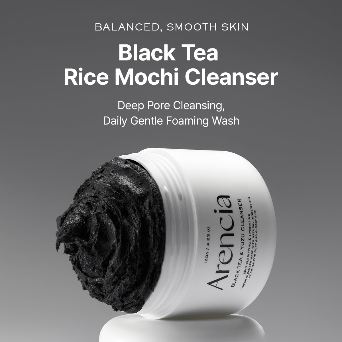 ARENCIA close-up of mochi-like cleanser texture showing gentle exfoliation benefit