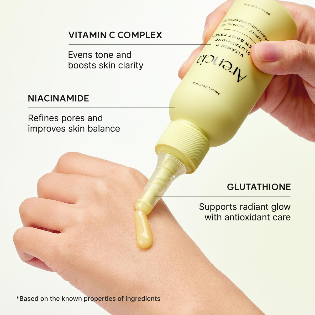ARENCIA bottle in hand showing size and travel-friendly benefit