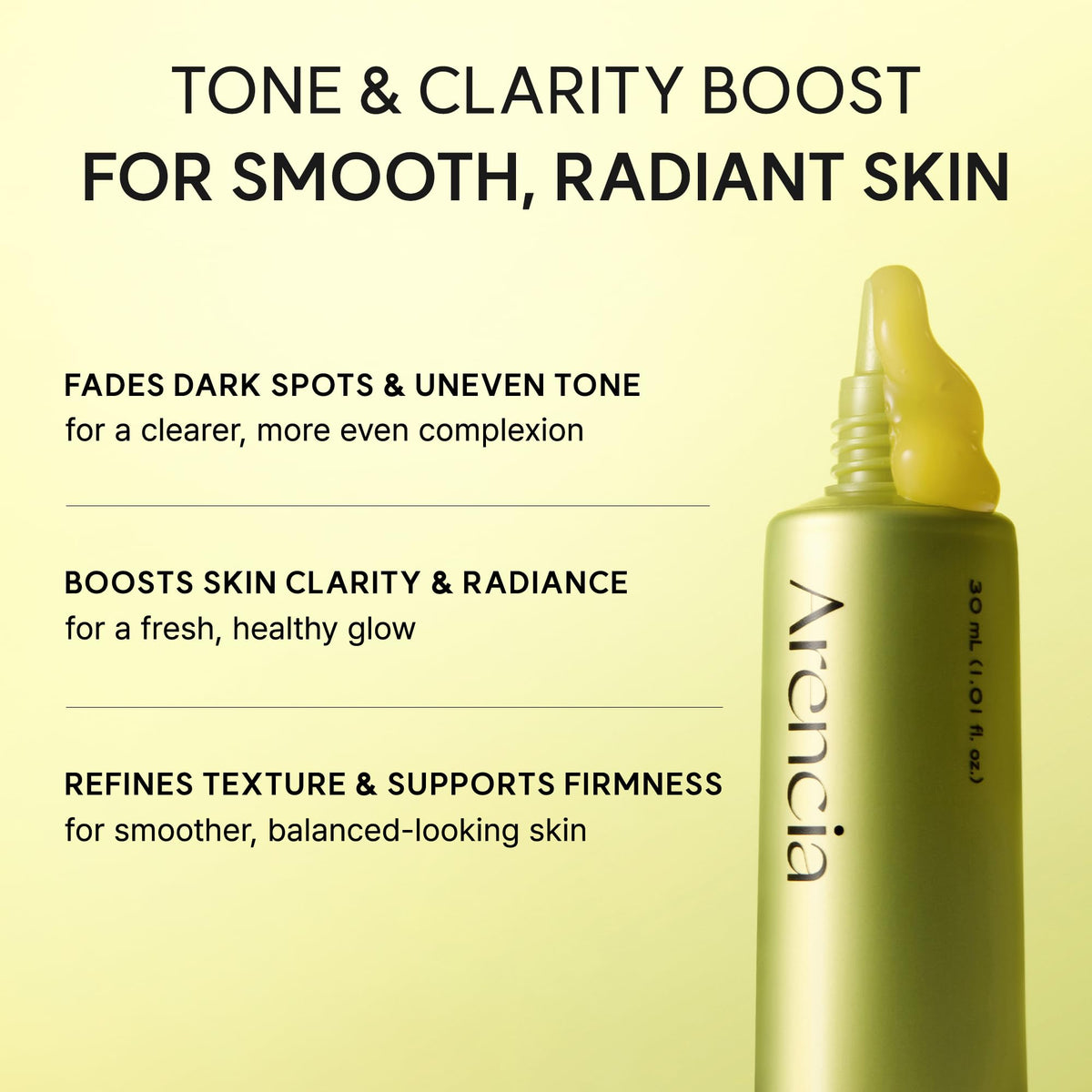 ARENCIA label close-up highlighting active ingredients and product benefits