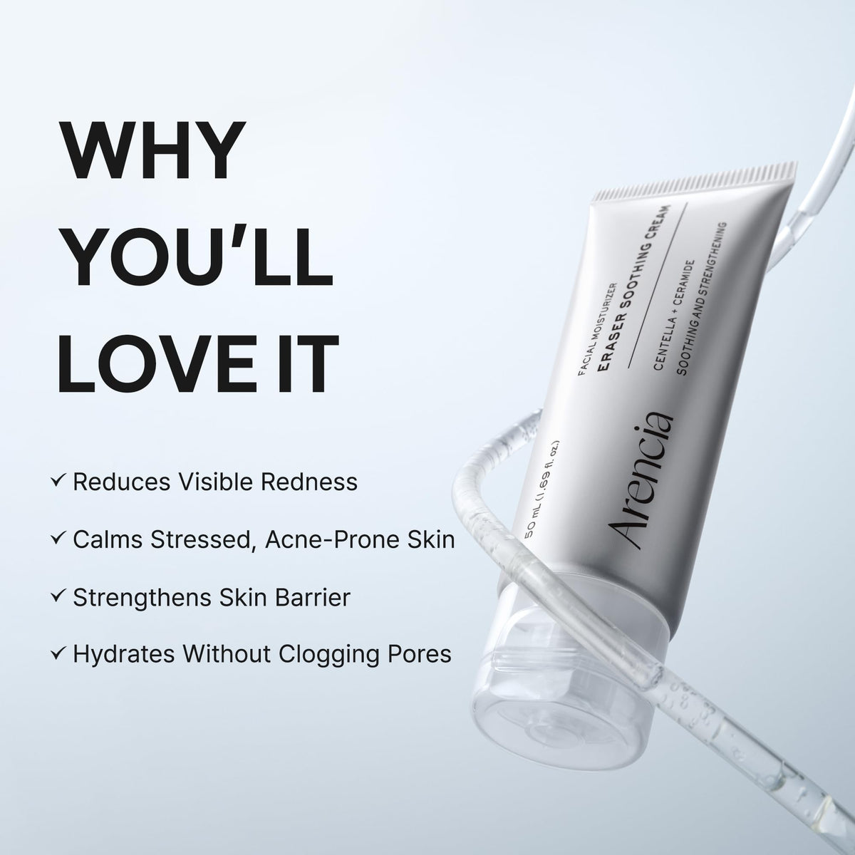 ARENCIA cream texture close-up showing lightweight gel-cream and quick absorbency