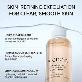 ARENCIA Erasor Shot close-up label showing active acids and benefit