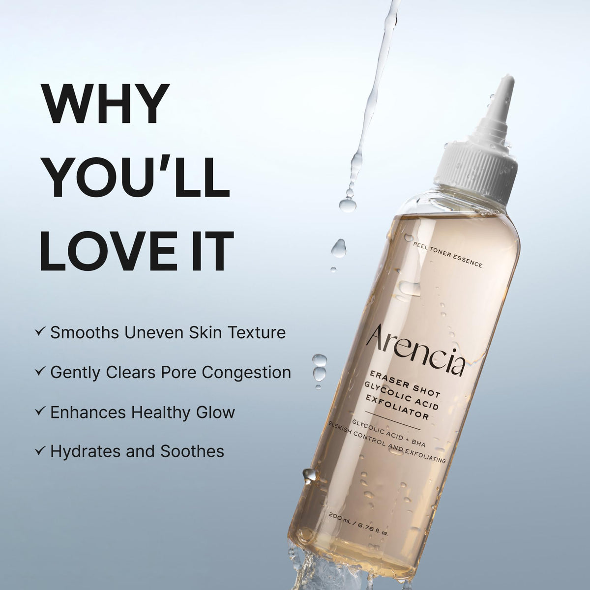 ARENCIA Erasor Shot liquid pour demonstrating lightweight texture benefit
