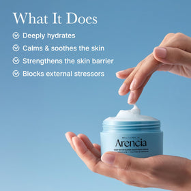 ARENCIA ingredients label highlighting hyaluronic acid, Cica PDRN and ceramide for nourishment