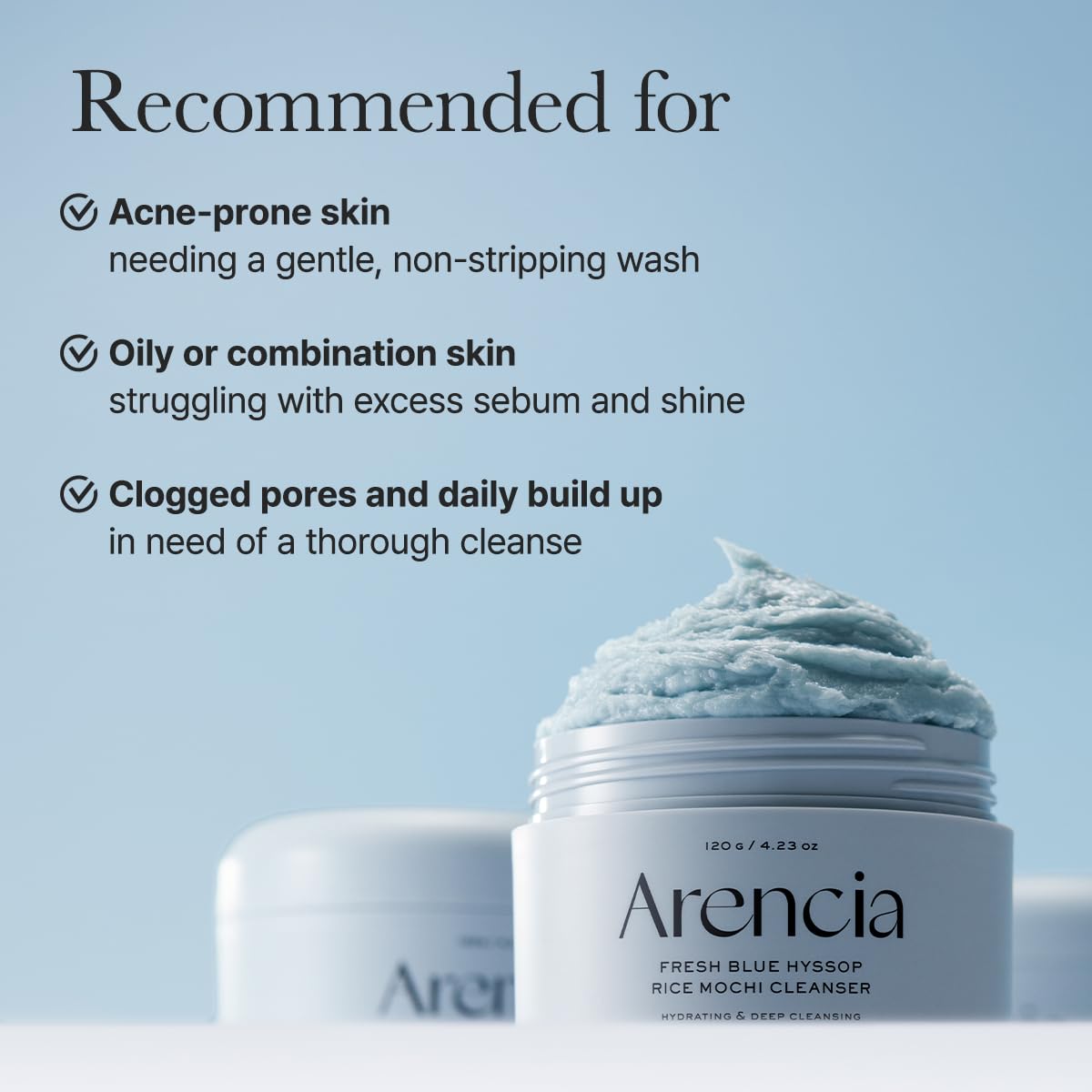 ARENCIA label detail with ingredient list emphasizing transparency and self-care benefit