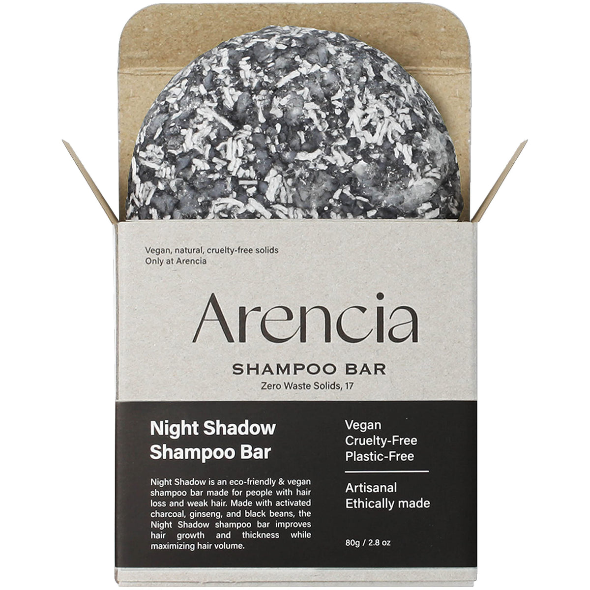 ARENCIA front packaging showing compostable box and product branding, eco benefit