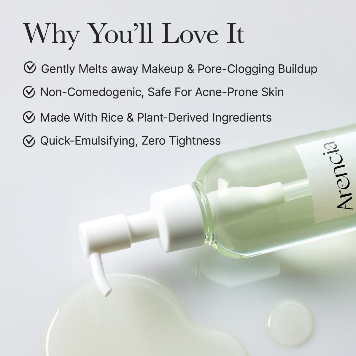 ARENCIA oil droplet close-up highlighting lightweight, non-comedogenic oils