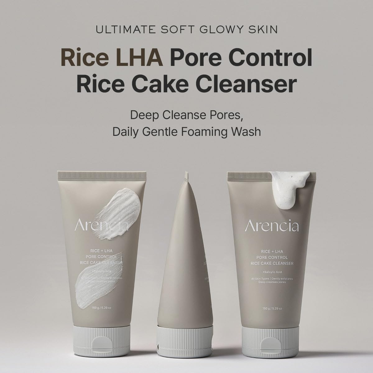 ARENCIA close-up of soft chewy rice-inspired texture highlighting gentle cleansing