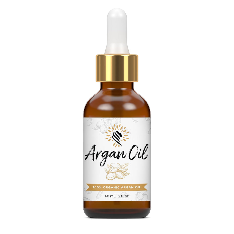 Argan Cosmetics front bottle view showing clean organic packaging and benefit