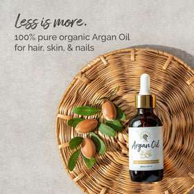 Argan Cosmetics label close-up showing USDA organic badge and purity benefit