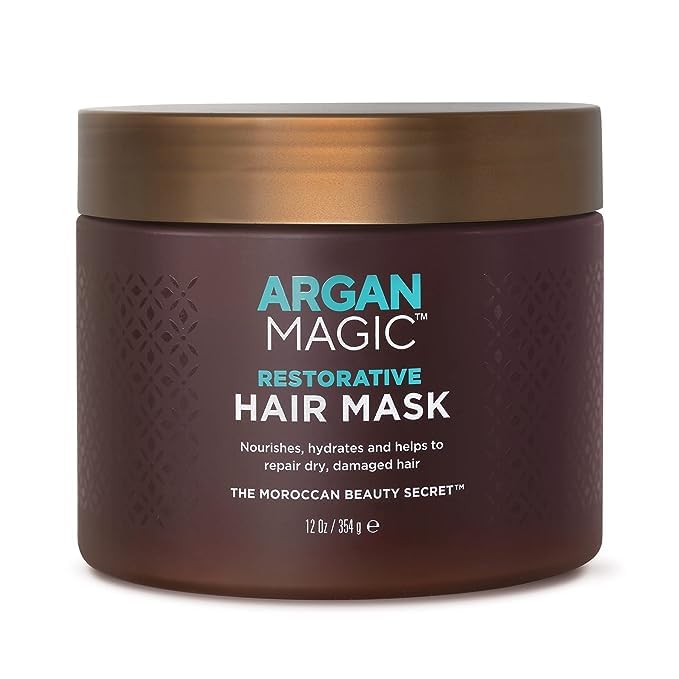 Argan Magic jar on bathroom counter in lifestyle scene showing at-home salon benefit