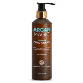 Argan Magic on bathroom shelf in routine setting showing daily styling convenience