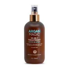 Argan Magic bottle on bathroom shelf suggesting daily styling convenience