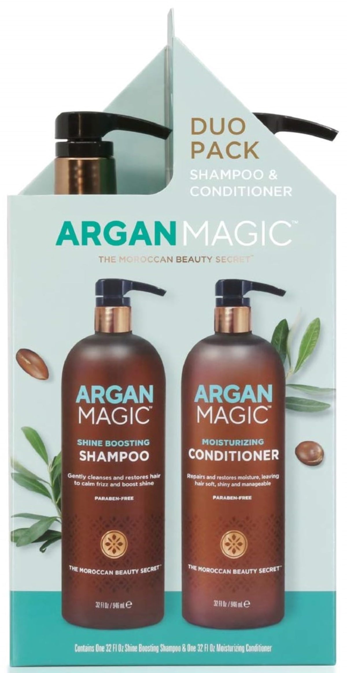 Argan Magic duo front view showing both 32 oz bottles and clear benefits