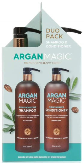 Argan Magic duo front view showing both 32 oz bottles and clear benefits