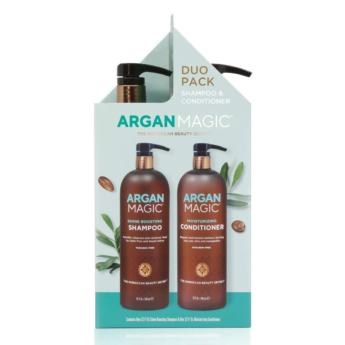 Argan Magic duo styled on bathroom shelf conveying luxurious routine