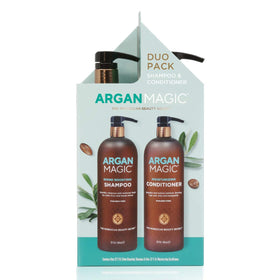 Argan Magic duo styled on bathroom shelf conveying luxurious routine