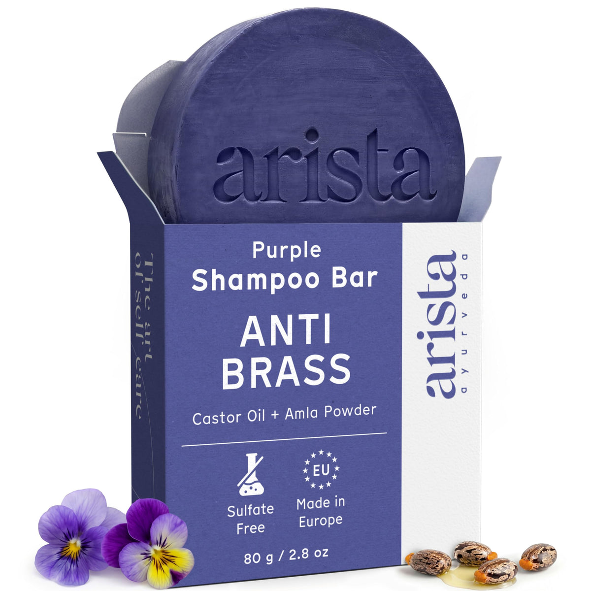 Arista shampoo bar front packaging showing eco-friendly puck and benefits