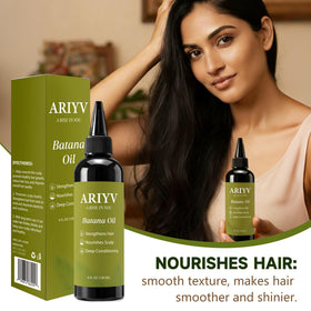 Before and after hair lengths with Ariyv Batana Oil showing improved shine and thickness
