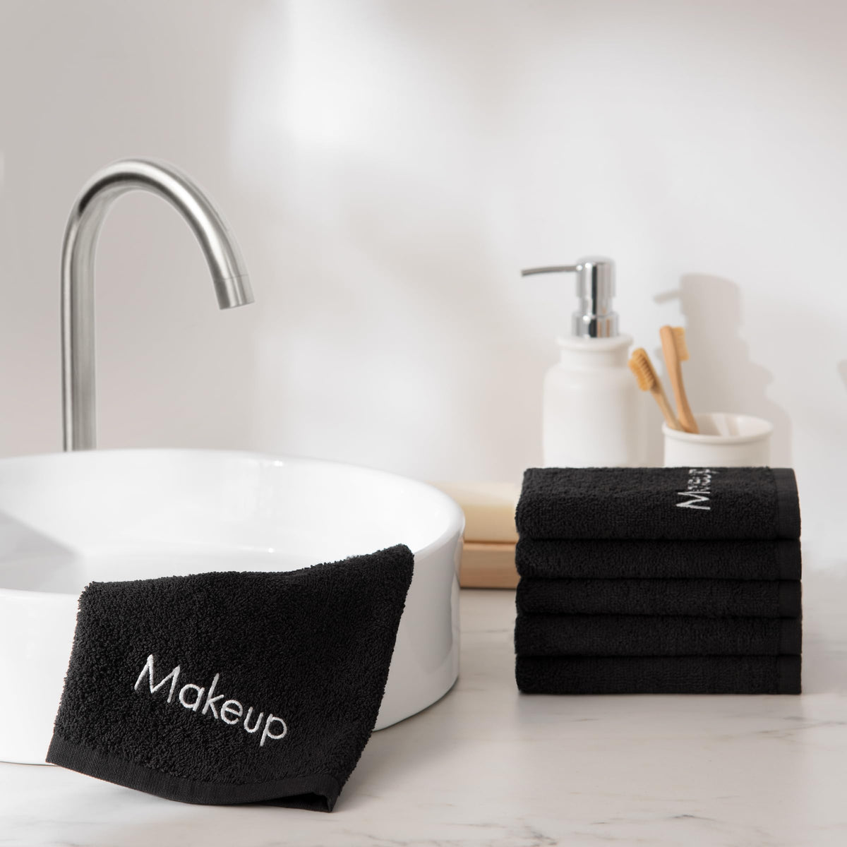 Arkwright towels on vanity illustrating organized grooming and convenience