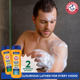 Arm & Hammer bottle on shower shelf illustrating space-saving convenience and refresh