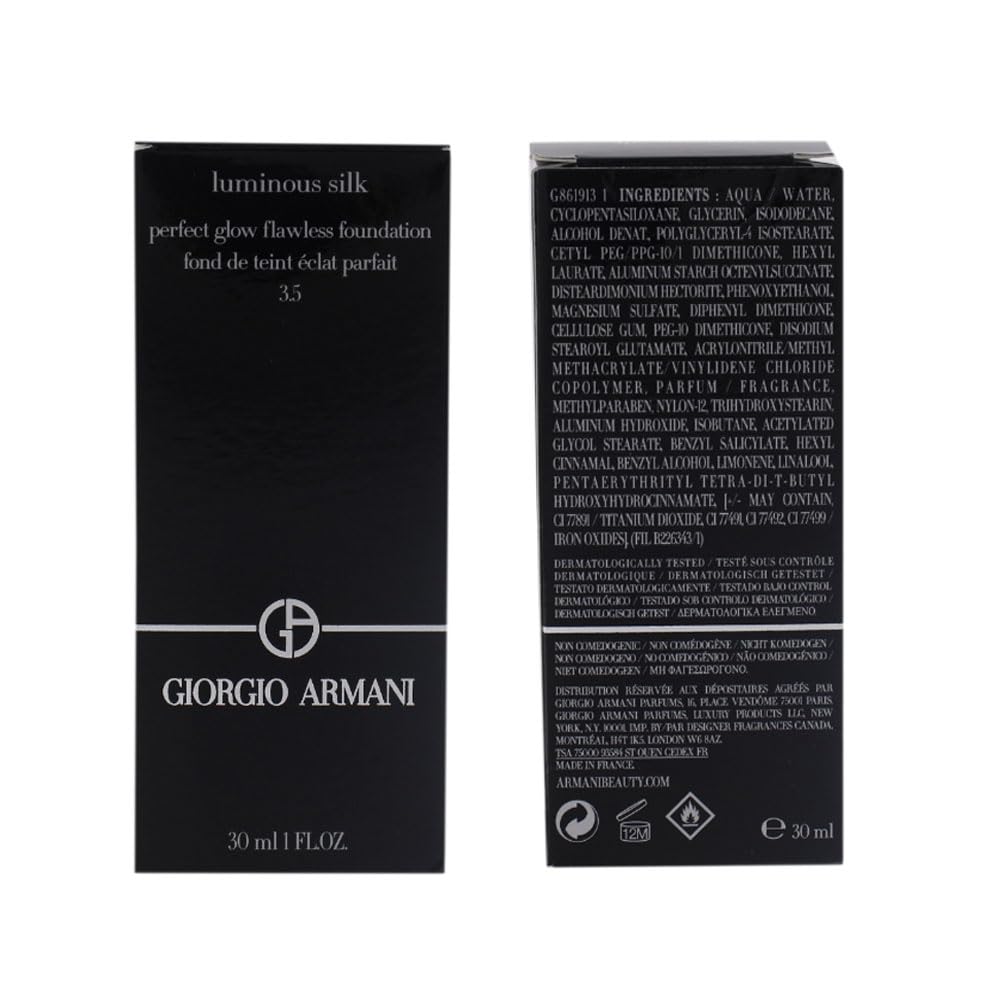 Armani Beauty label close-up highlighting shade 3.5 and ingredient tech benefit