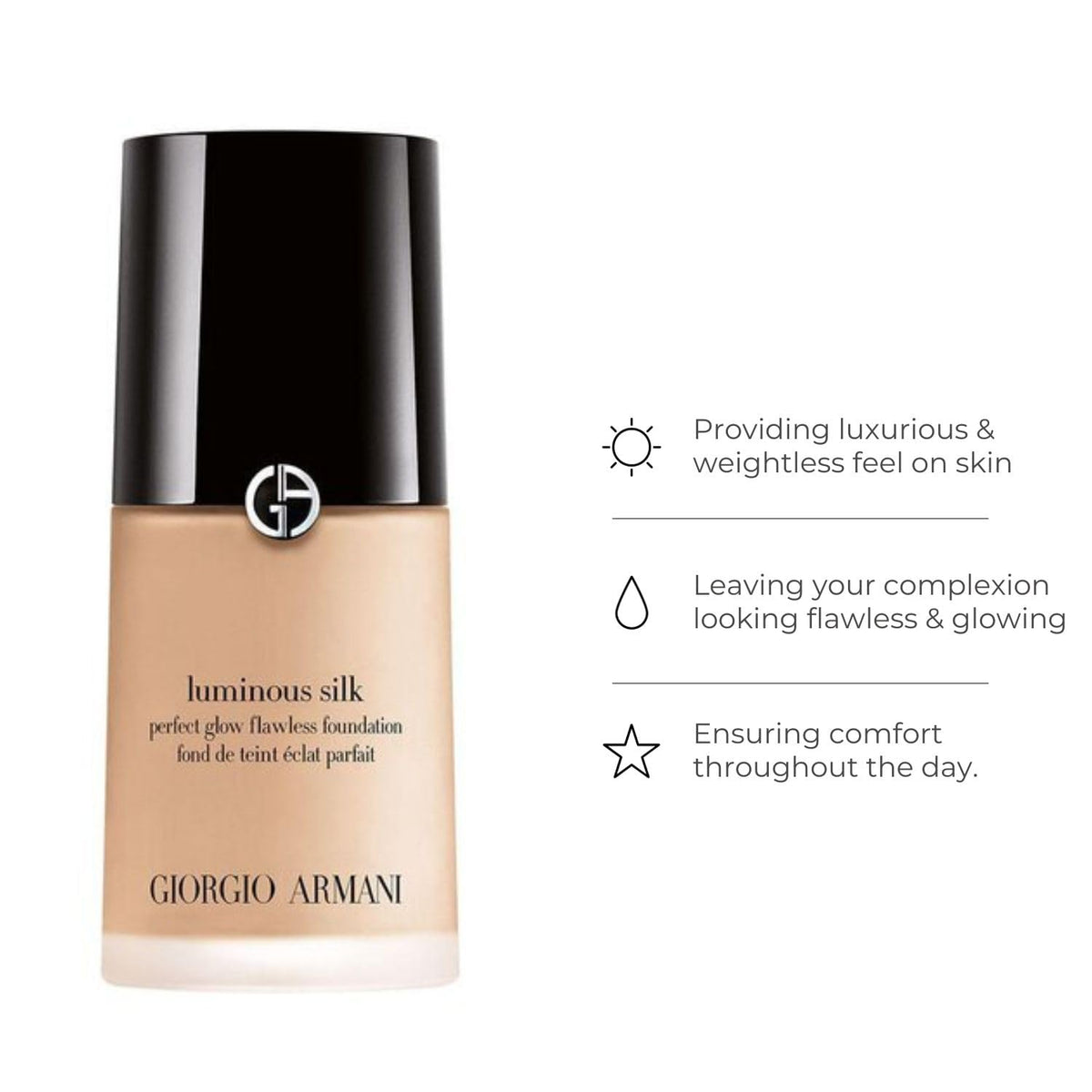 Armani Beauty bottle next to hand for size comparison and travel-friendly benefit