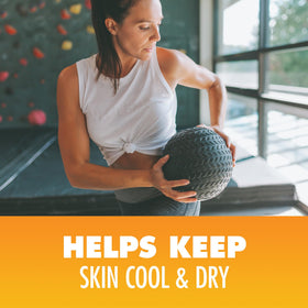 Arm & Hammer body powder being applied underarm demonstrating sweat absorption and odor help