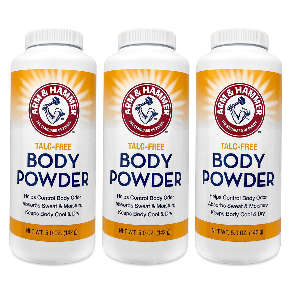 Arm & Hammer front packaging showing three talc-free body powder bottles for convenience and freshness