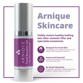 Arnique gel on bathroom vanity styled to show calming skincare routine