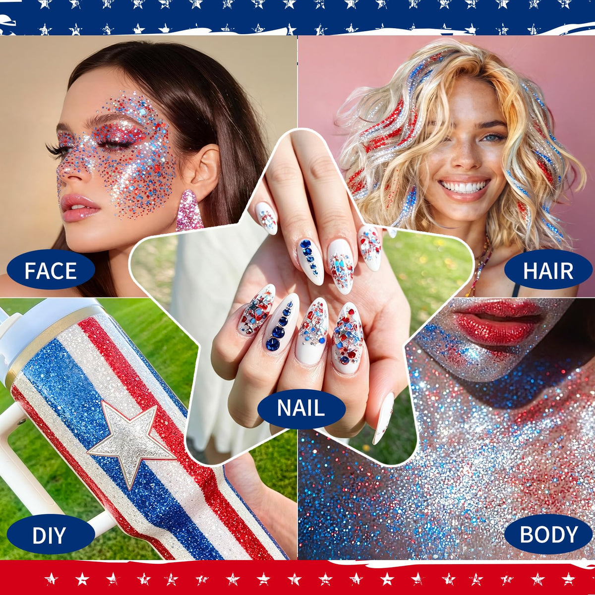 AROIC family wearing patriotic glitter at a parade demonstrating festive appeal benefit