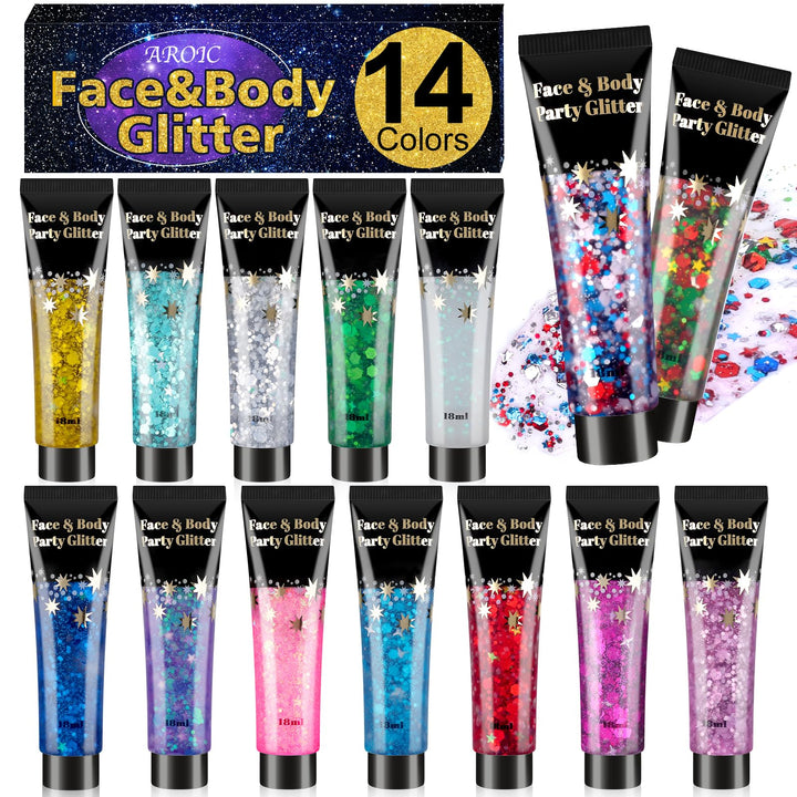 AROIC front packaging showing all 14 glitter gel tubes and colors