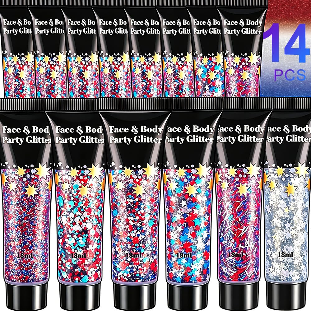 AROIC front packaging showing full 14-piece patriotic glitter kit benefit: ready-to-use set