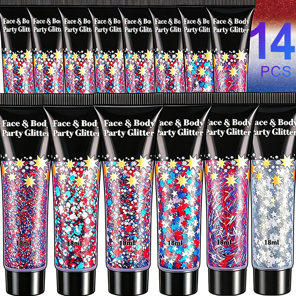 AROIC front packaging showing full 14-piece patriotic glitter kit benefit: ready-to-use set