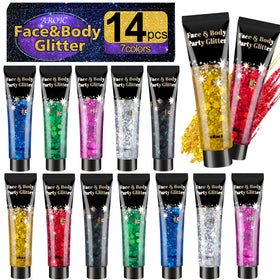 AROIC front packaging showing all 14 glitter gel tubes and colors, festival-ready