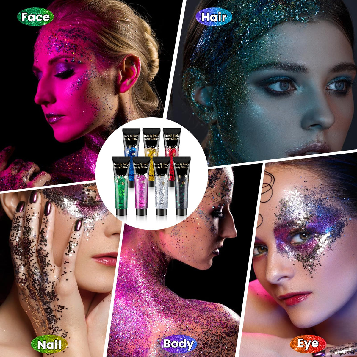 AROIC glitter applied along hairline highlighting shine and styling versatility