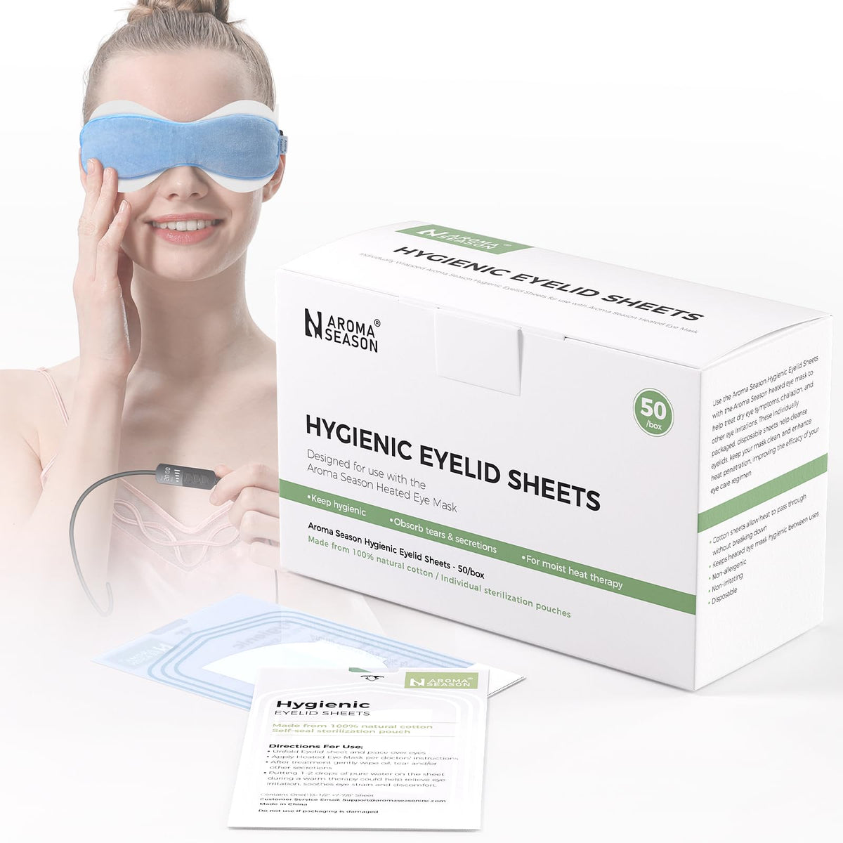 Aroma Season front packaging showing 50 individually wrapped cotton eyelid sheets benefit hygiene