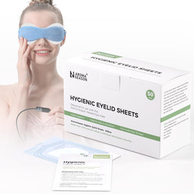 Aroma Season front packaging showing 50 individually wrapped cotton eyelid sheets benefit hygiene