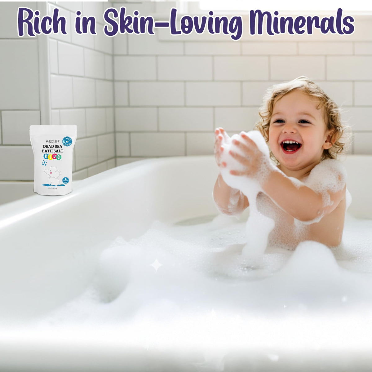 Aromasong bath soak in tub with child enjoying a calm bath time