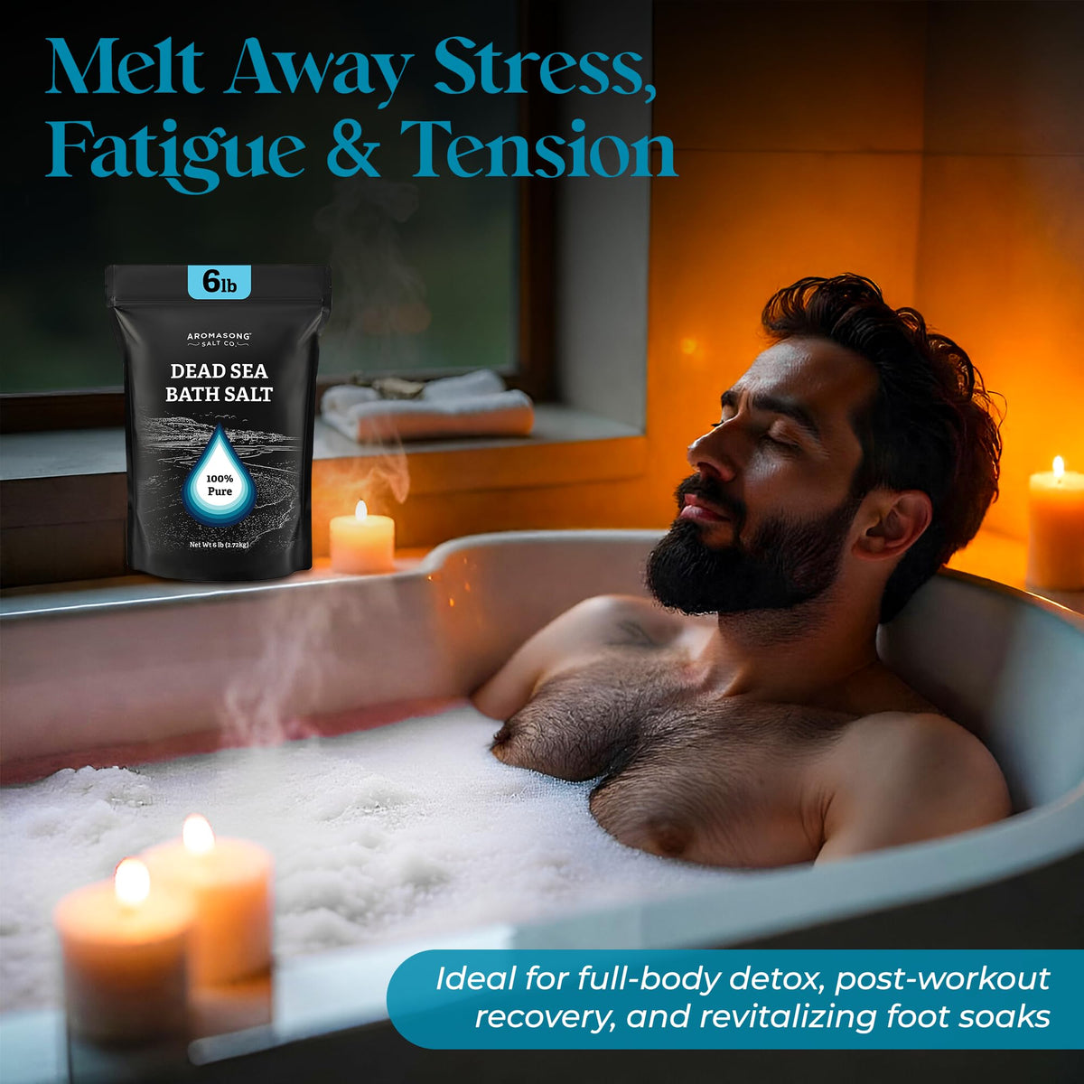 Aromasong in a bathroom lifestyle shot promoting calm soak routines